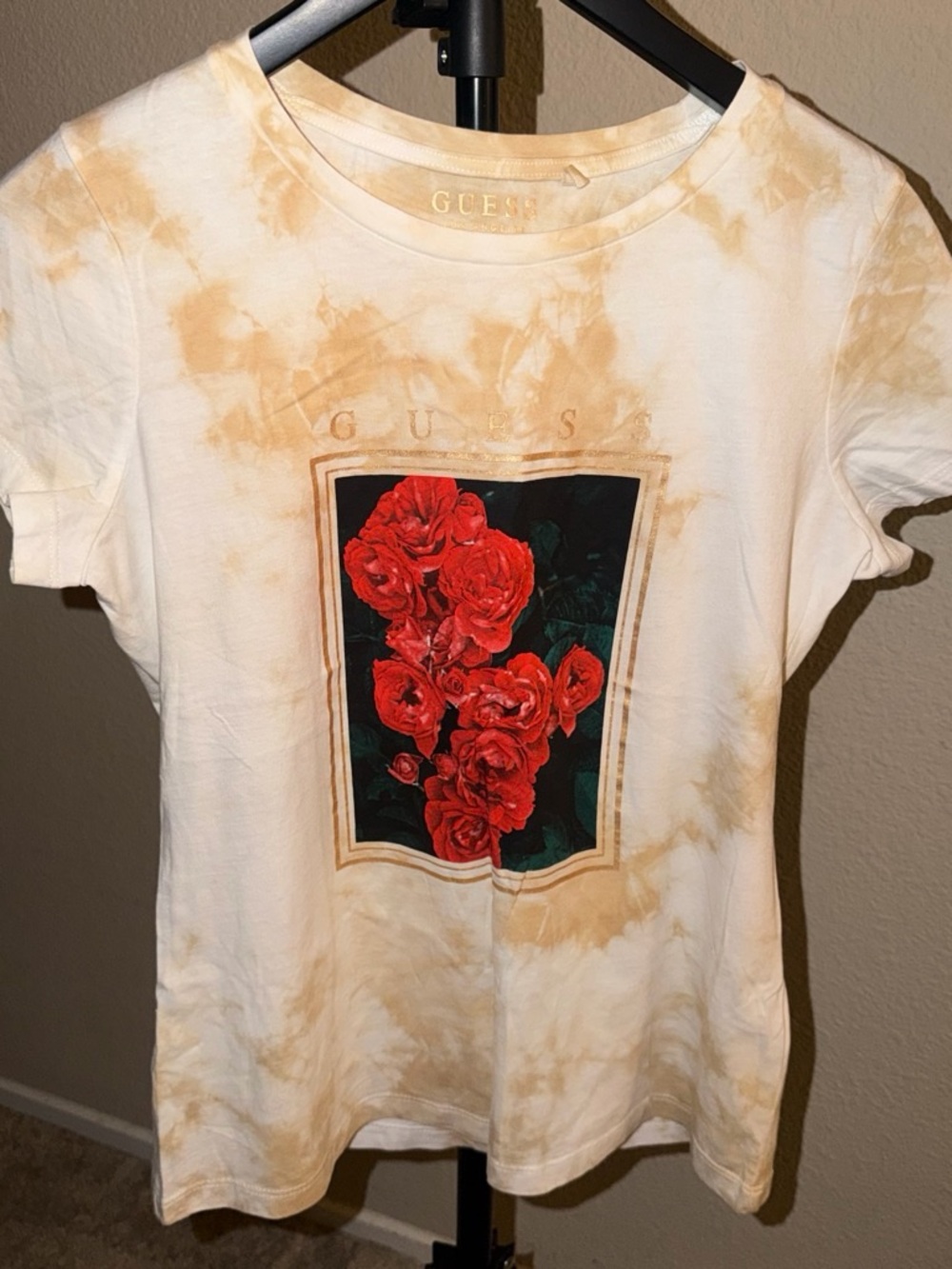 GUESS Cream Tie-Dye Short Sleeve Tee with Red Rose Panel